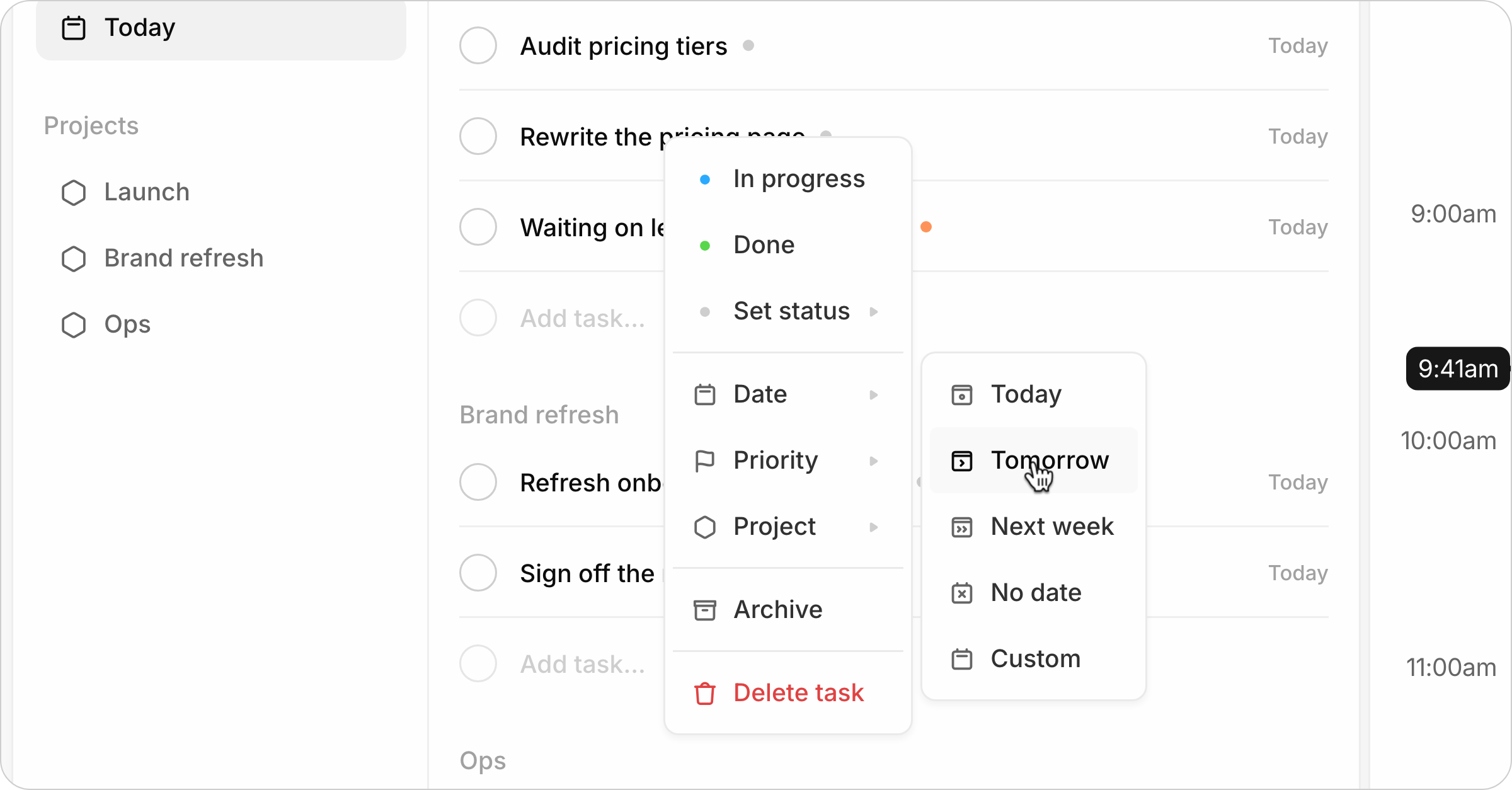 Set a task's date, priority or project from the right-click menu