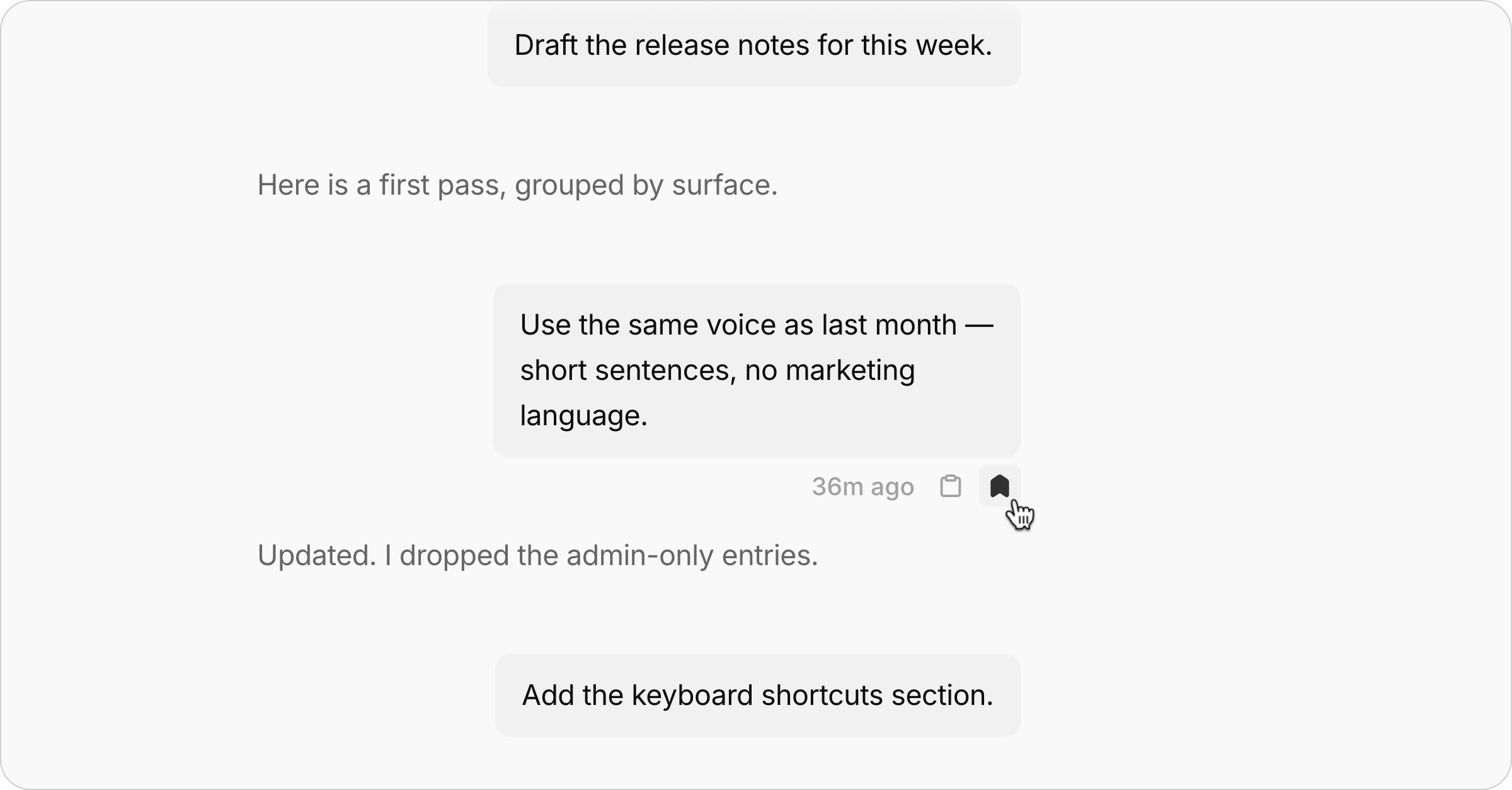 Bookmark messages in agent chats